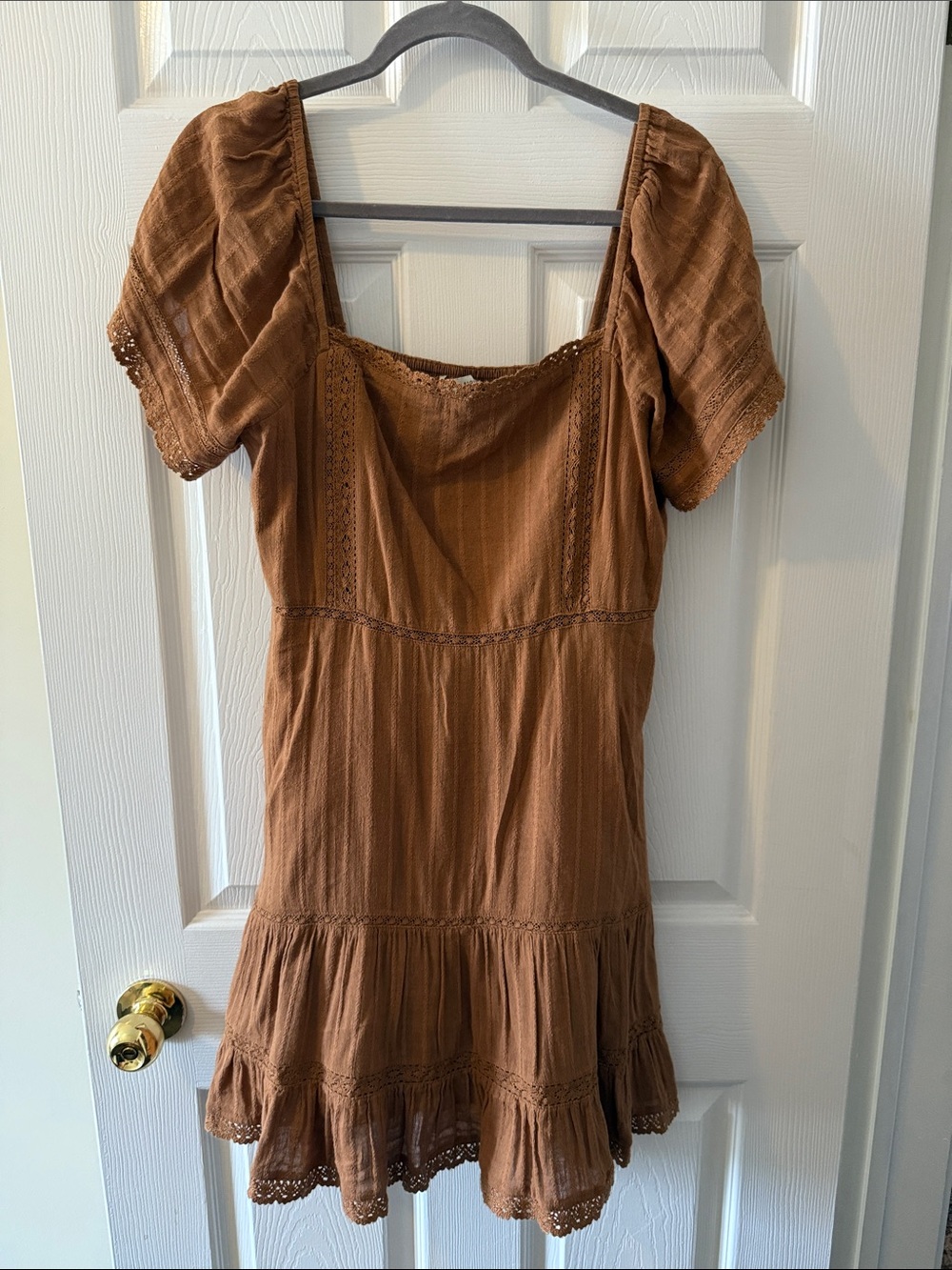 American Eagle Outfitters Rust Brown Ribbed Lace-Trim Dress